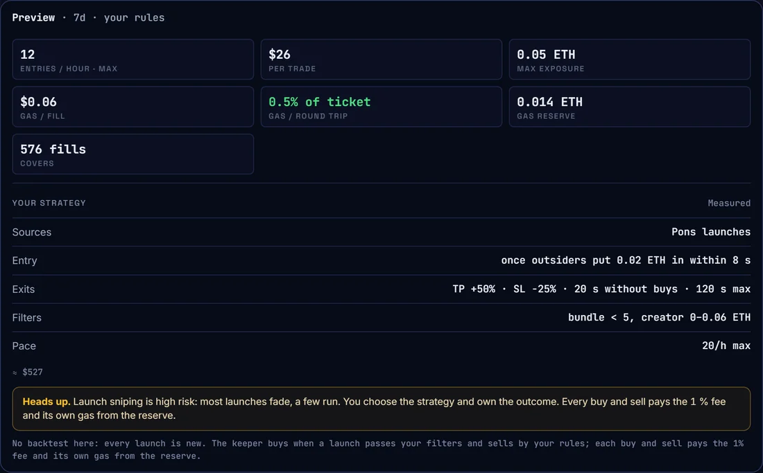 The preview panel with entries per hour, size per trade, max exposure and gas per fill