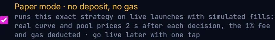 The paper mode checkbox on the Sniper form