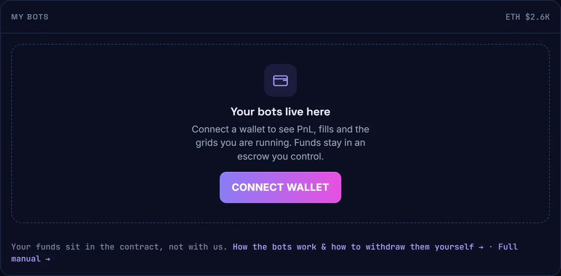 The Desk bots page with a connect wallet button